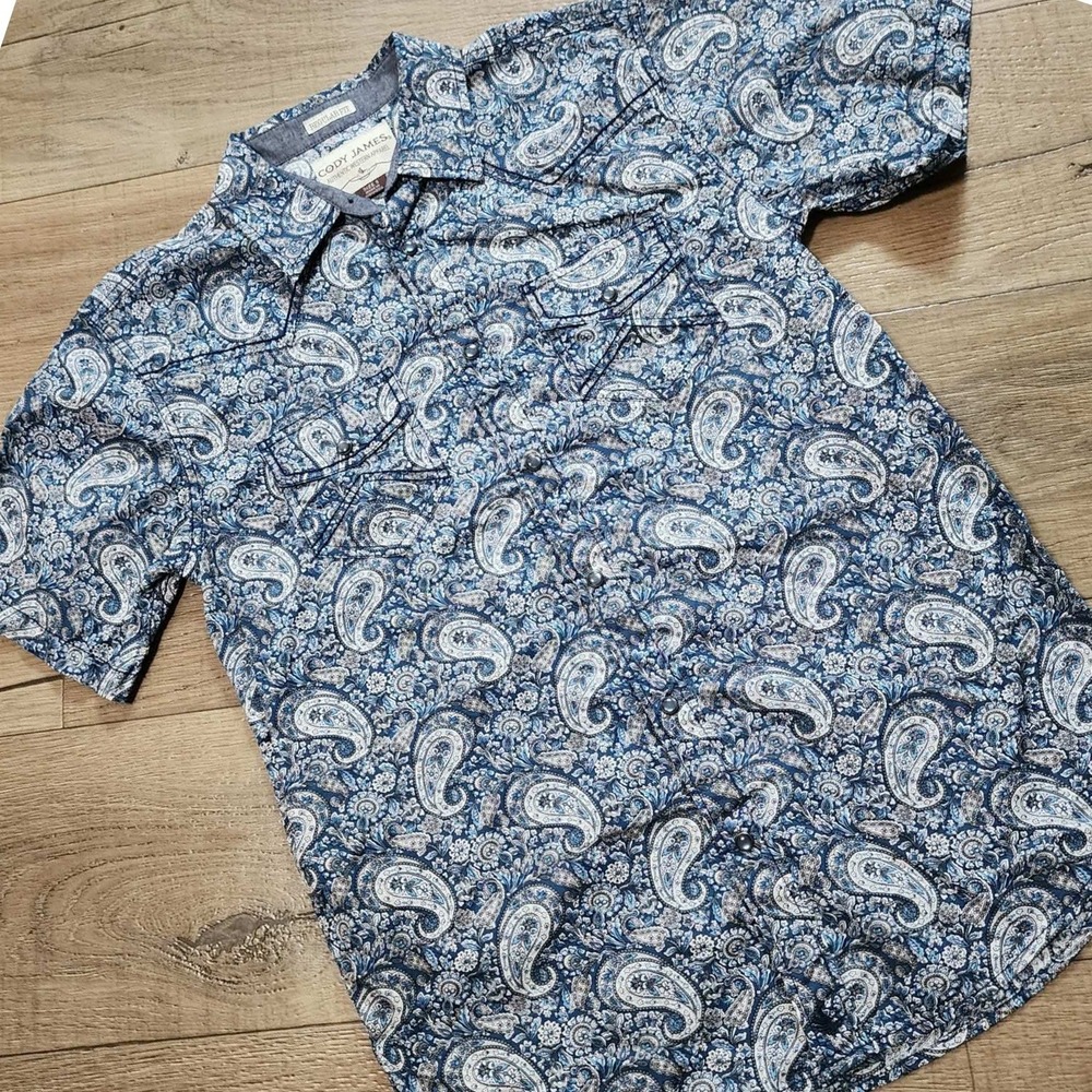 Cody James Mens Blue Paisley Western Snap Short Sleeve Shirt Regular Fit Small